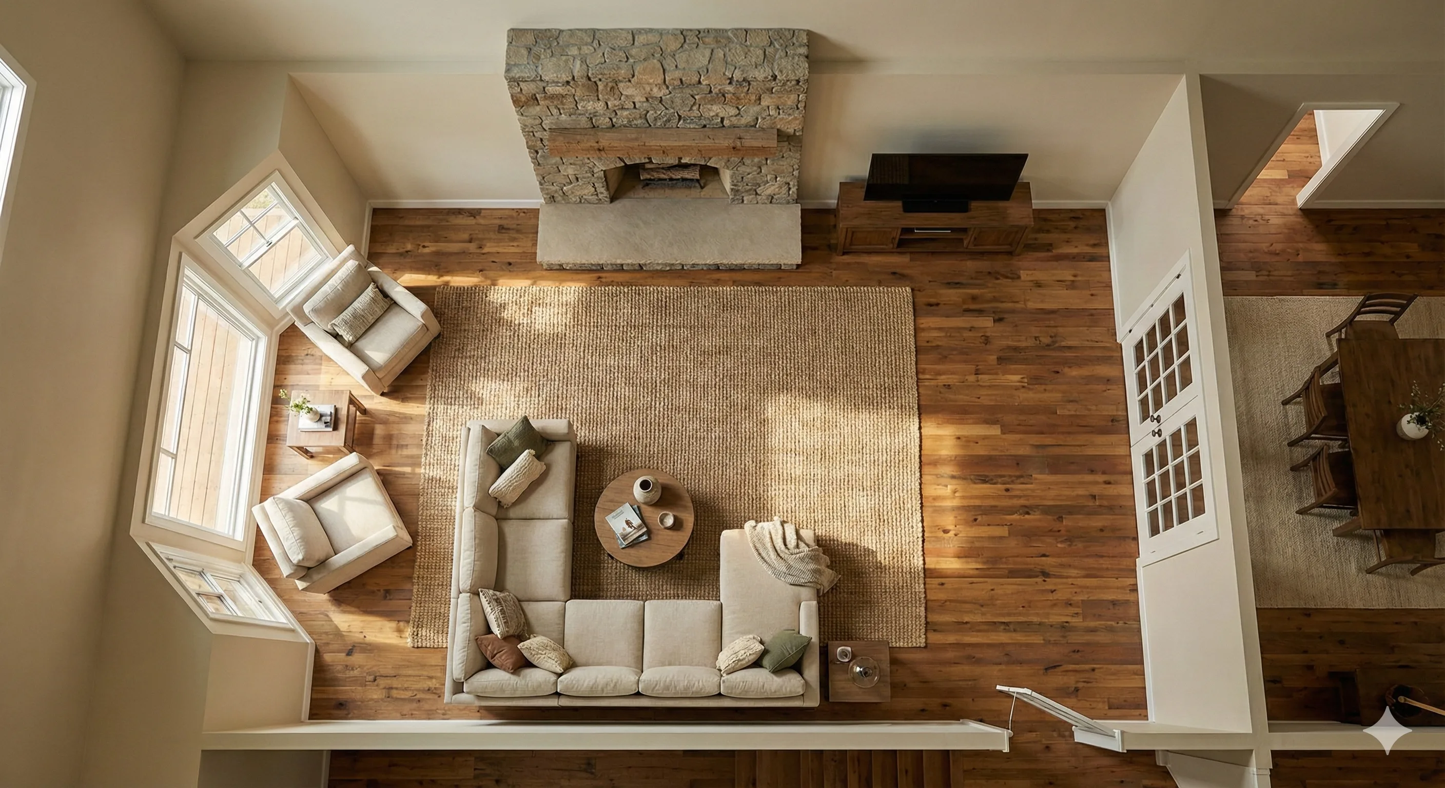 Photoreal top-down render of the same living room with the fireplace, sectional sofa and armchairs in the same positions