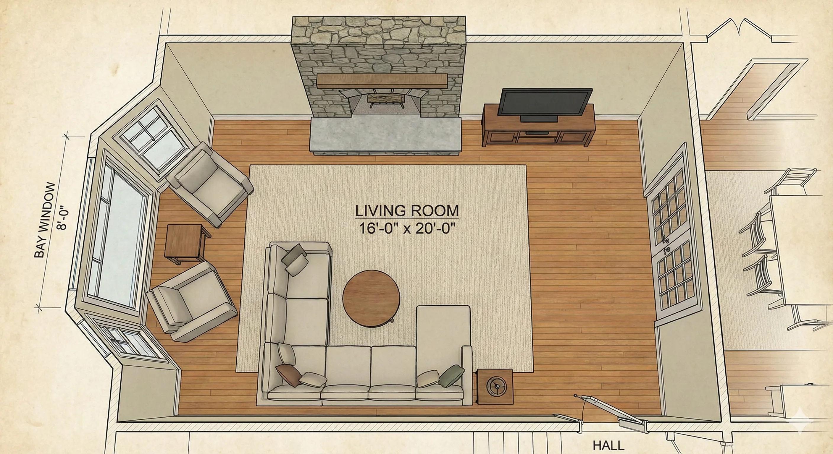 Illustrated living-room floor plan with a stone fireplace, a sectional sofa, two armchairs and a bay window, labeled 16 by 20 feet