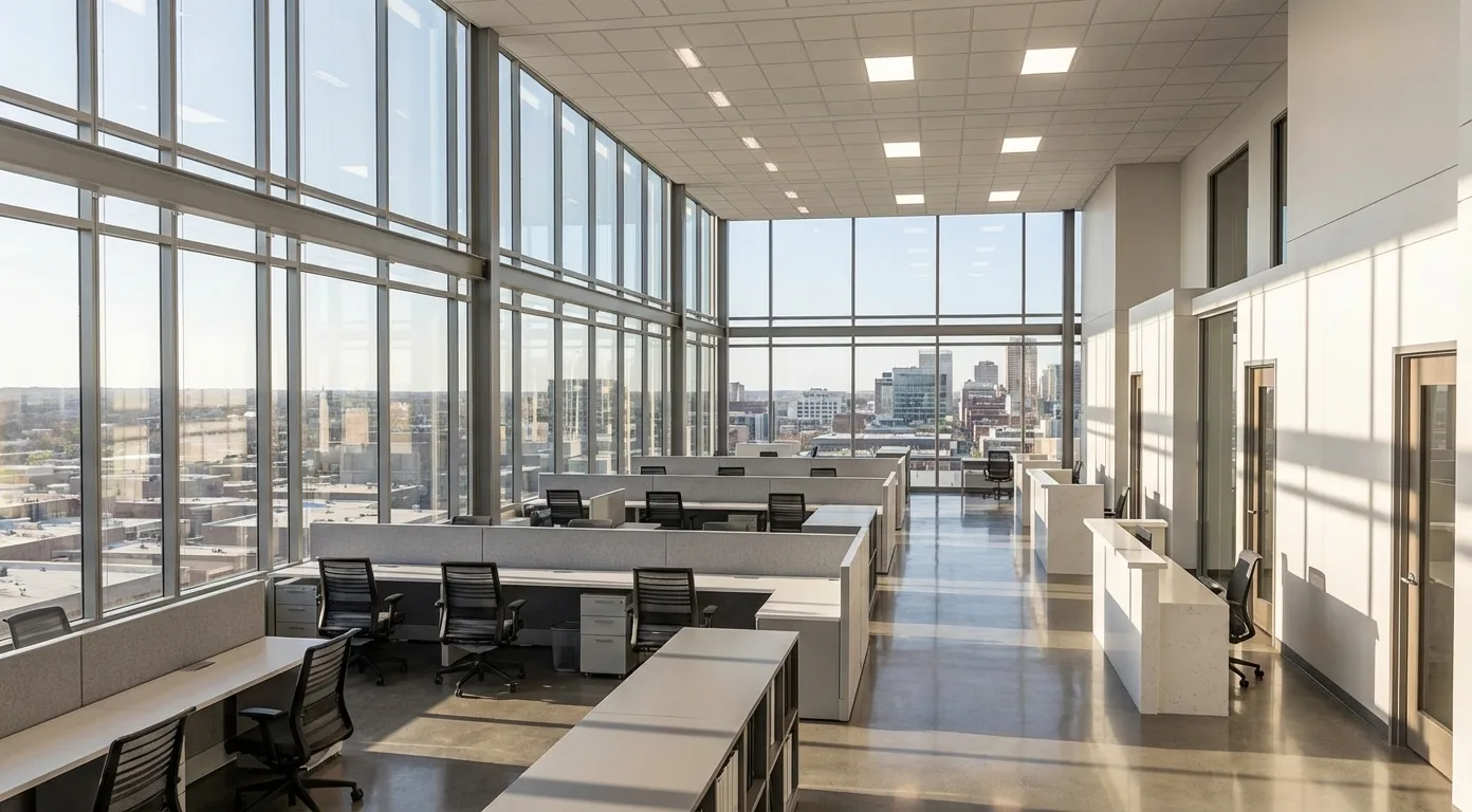 Photoreal render of the same office with a polished concrete floor, daylight and city views through the glazing