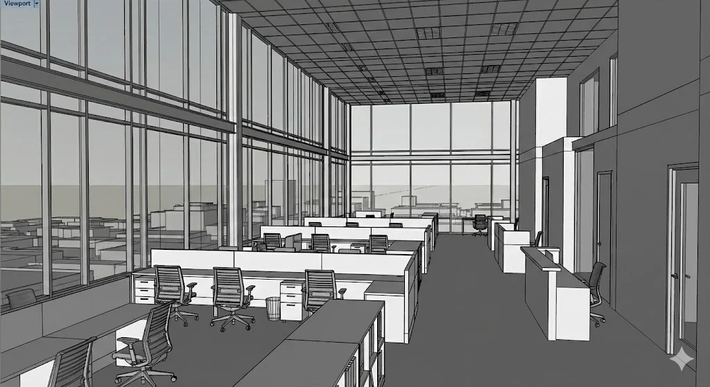 Grey Revit viewport of an open-plan office with rows of workstations and double-height glazing
